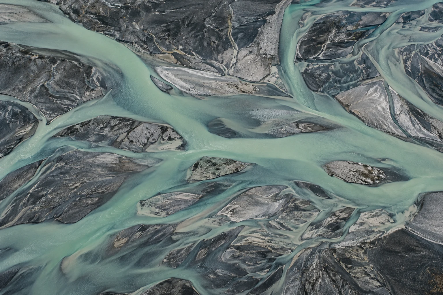 A branching glacial river seen from above.