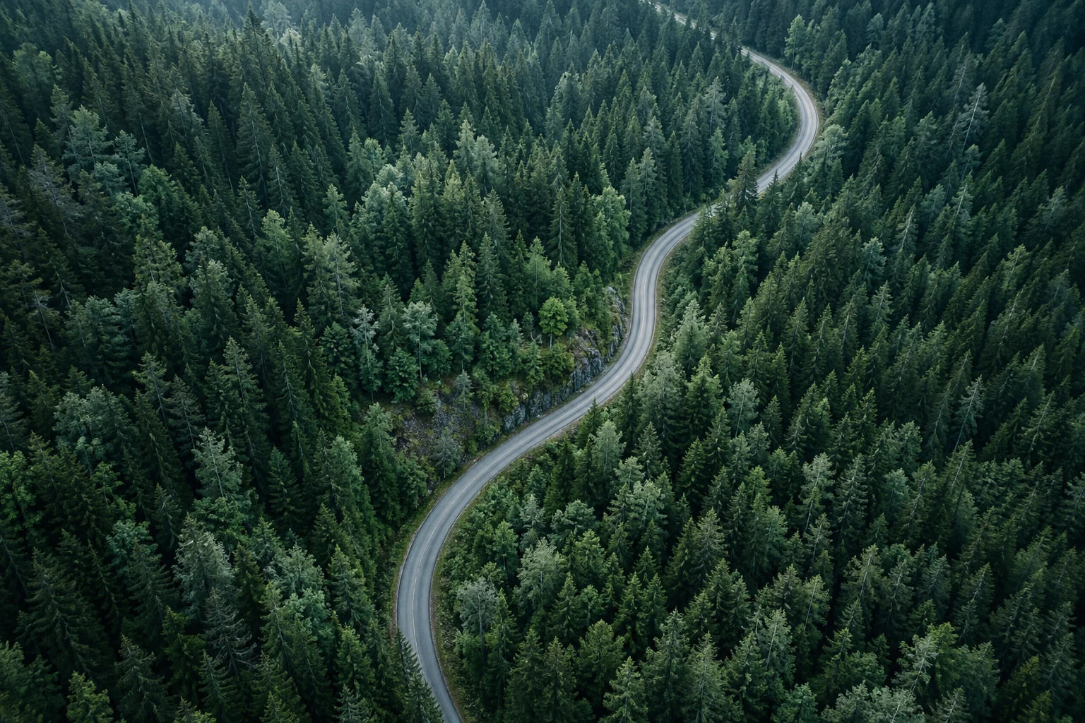 A winding road through a dense evergreen forest seen from above.